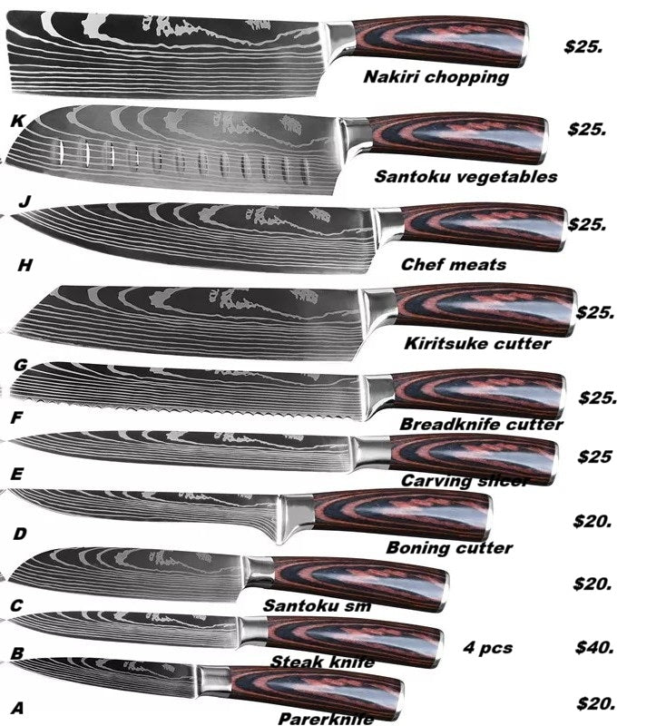 Kitchen knives open stock sale, sharp 7cr17 stainless with Pakkawood brownish handles