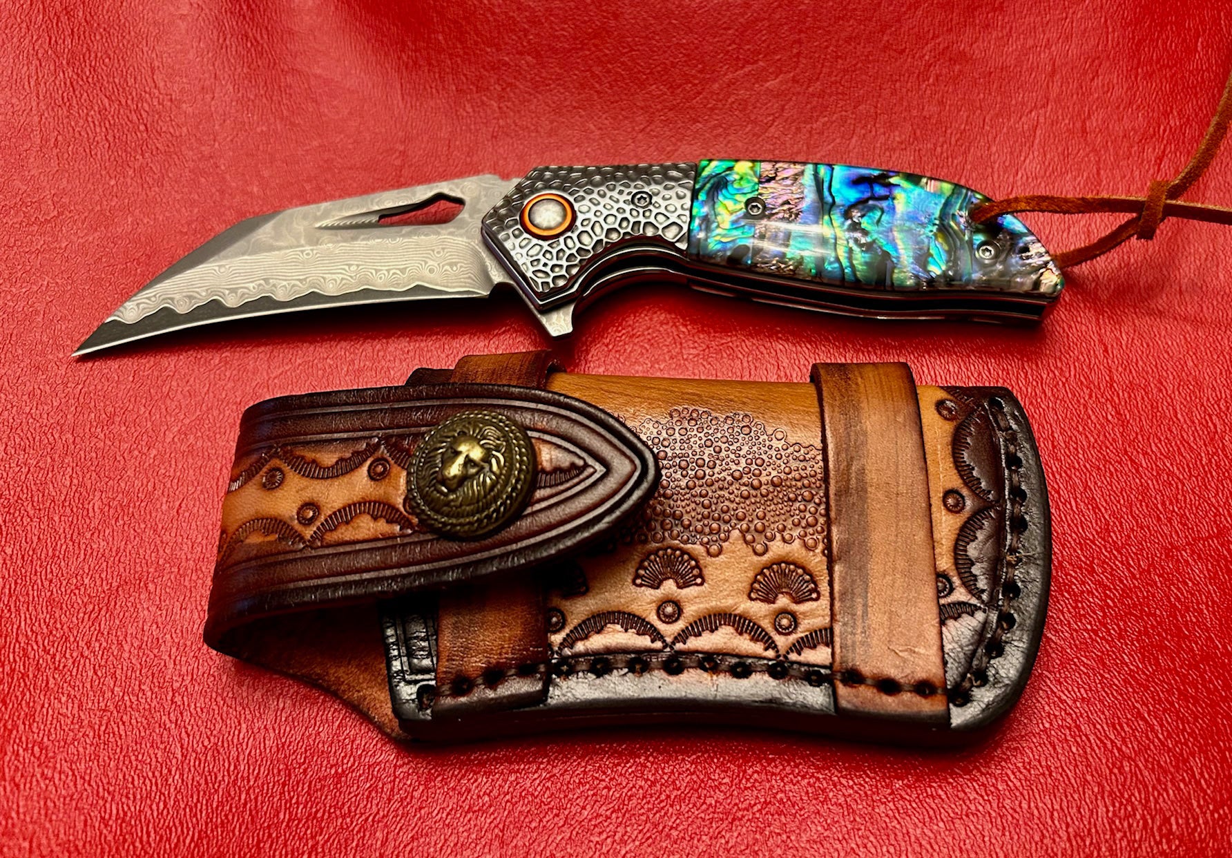Damascus pocket folding knife Abalone composite handle