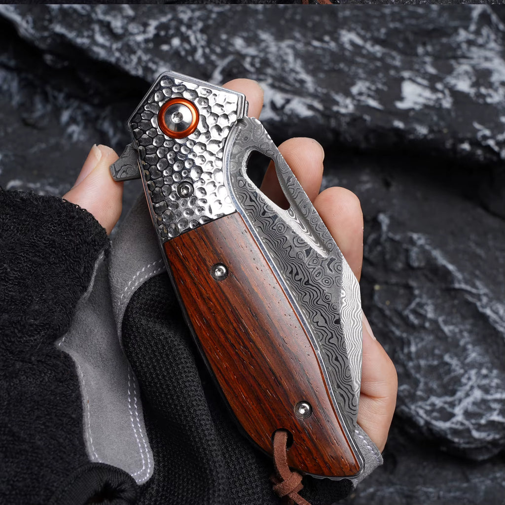 Damascus 67 layers folding pocket knife rosewood handle