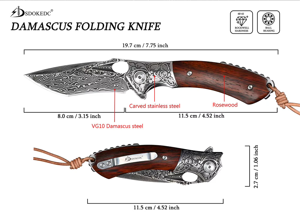 Damascus 67 layers folding pocket knife rosewood handle