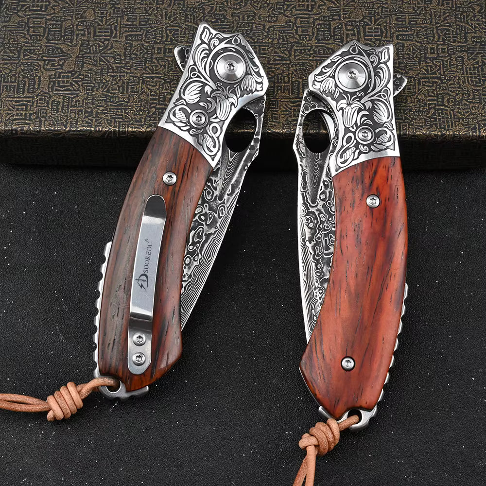 Damascus 67 layers folding pocket knife rosewood handle