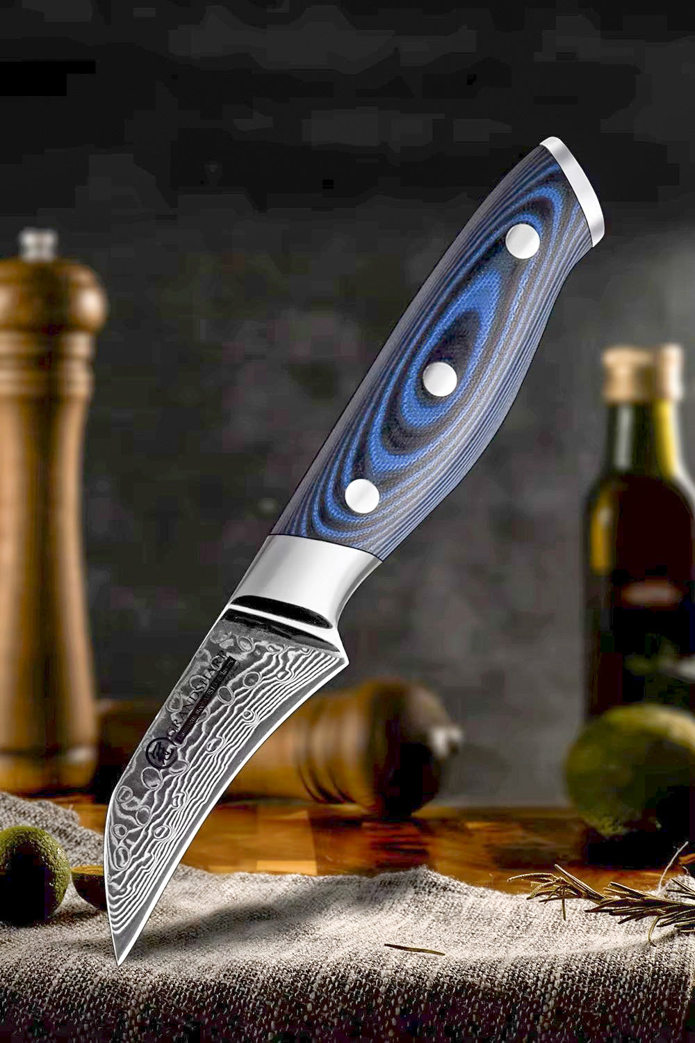 Damascus 3" bird beak 67 layers curved blade G10 blue composite handle