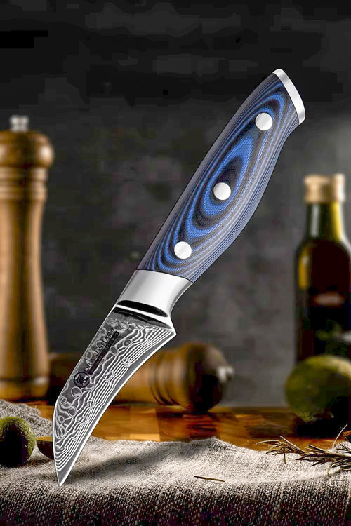 Damascus 3" bird beak 67 layers curved blade G10 blue composite handle