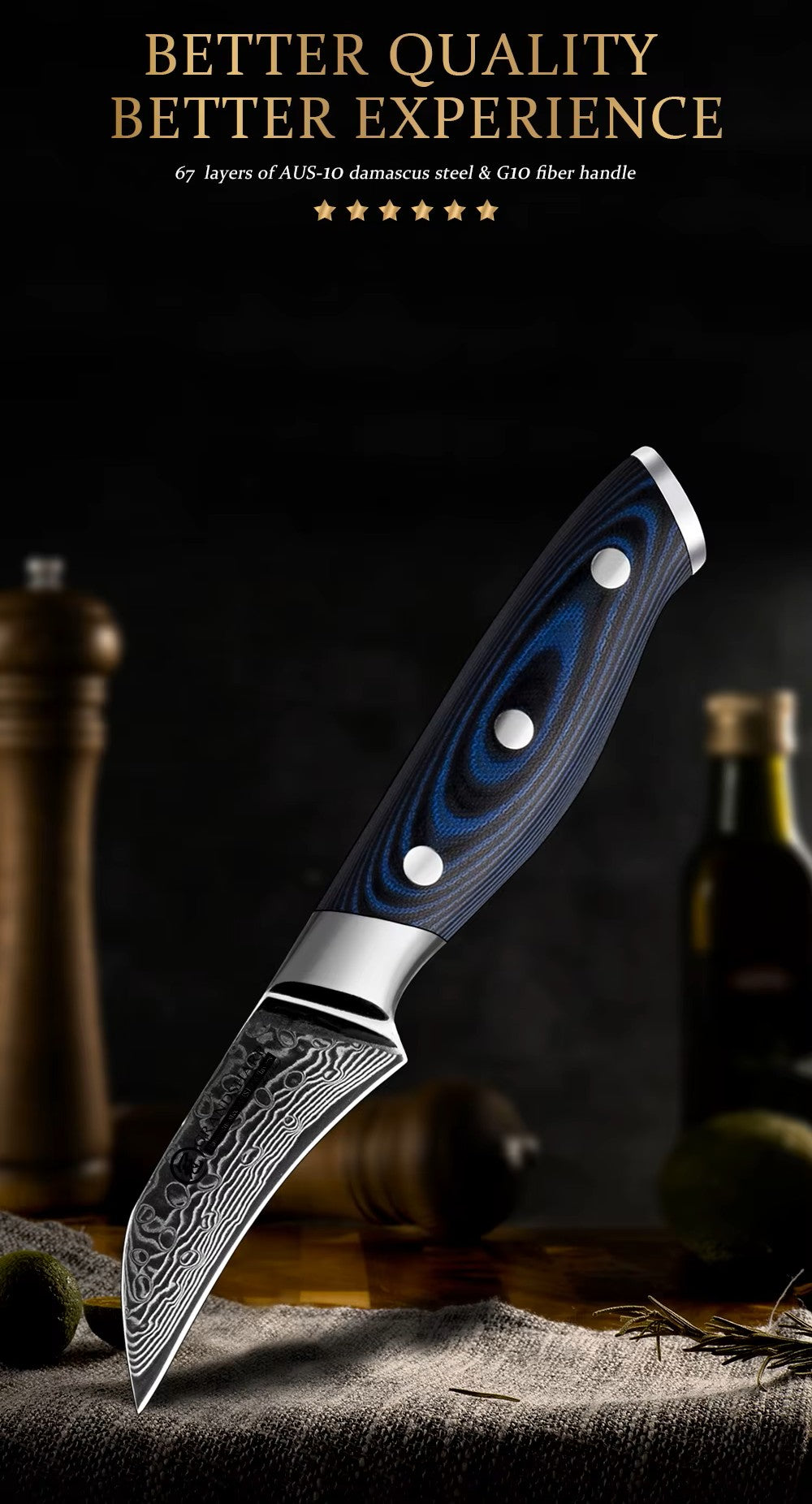 Damascus 3" bird beak 67 layers curved blade G10 blue composite handle