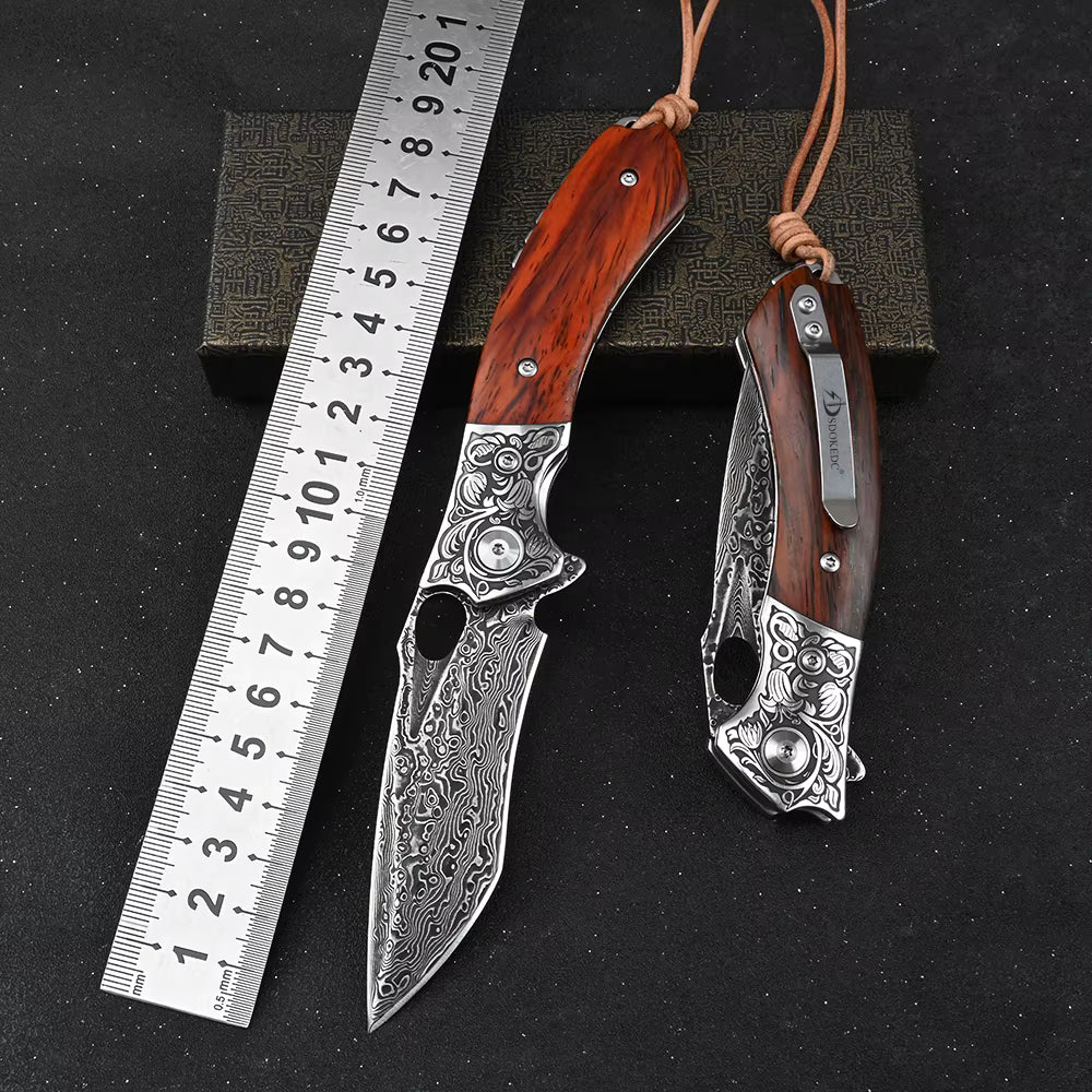Damascus 67 layers folding pocket knife rosewood handle