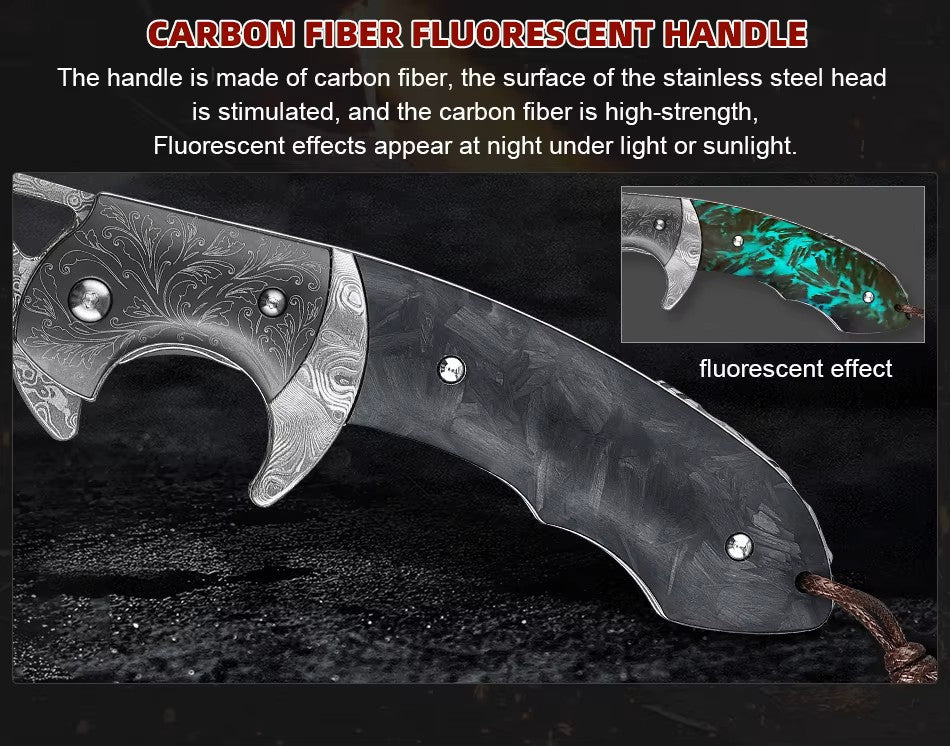 Damascus 73 layers folding pocket knife, handle is Carbone