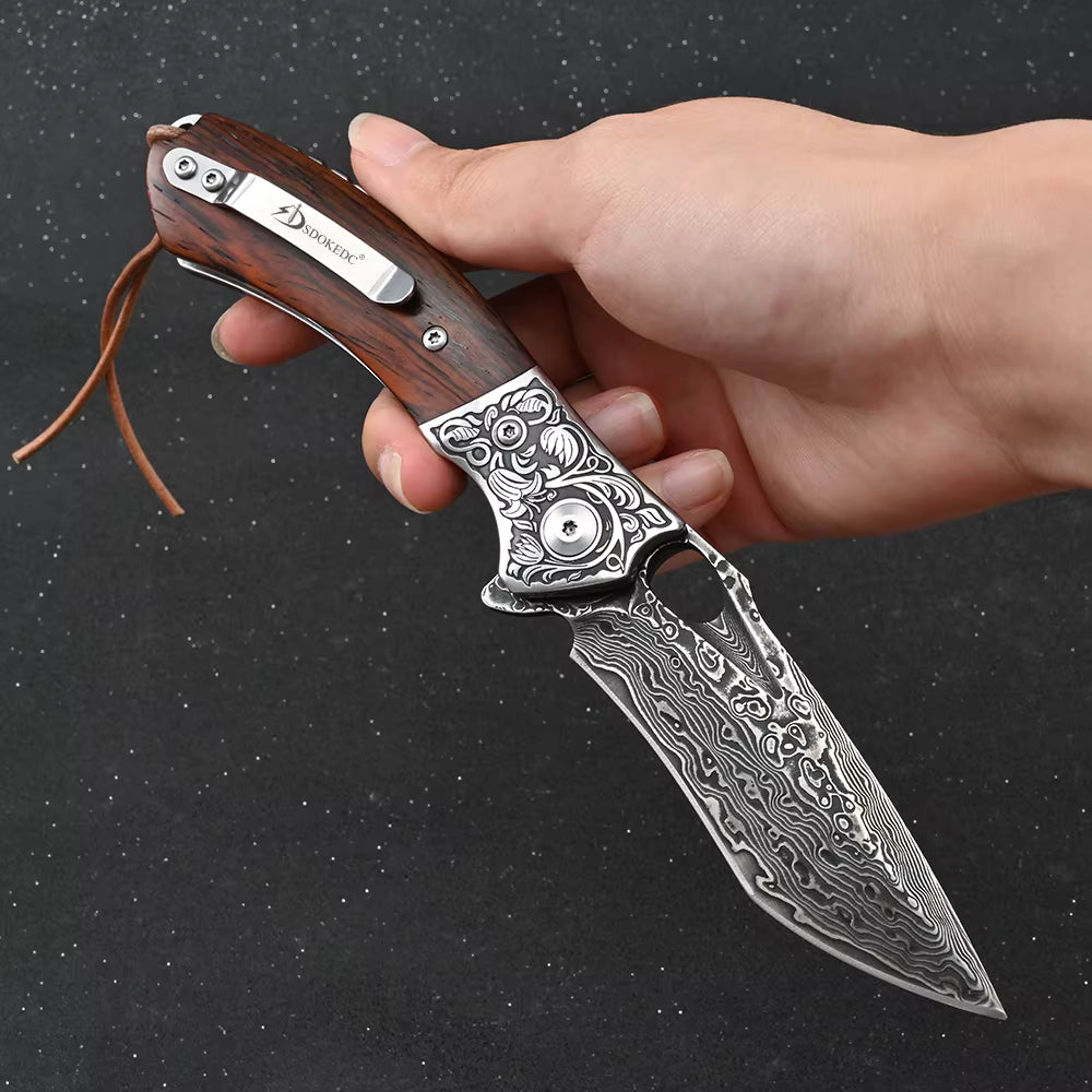 Damascus 67 layers folding pocket knife rosewood handle