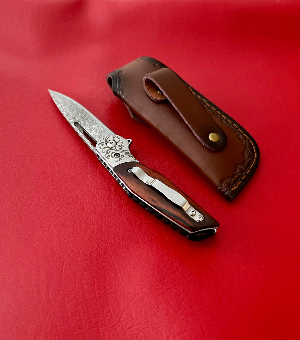 Damascus pocket folding knife with rosewood handle