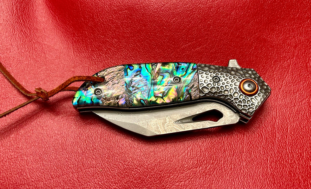 Damascus pocket folding knife Abalone composite handle