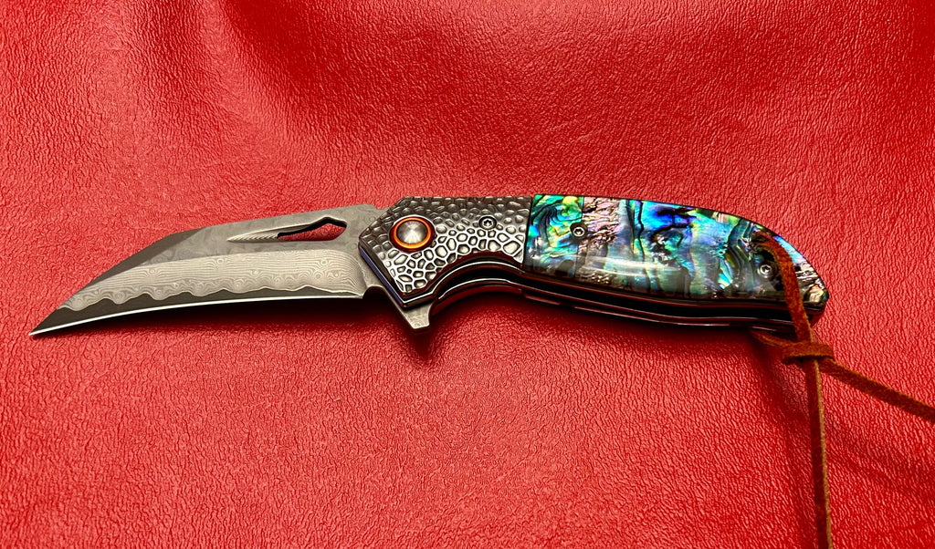 Damascus pocket folding knife Abalone composite handle