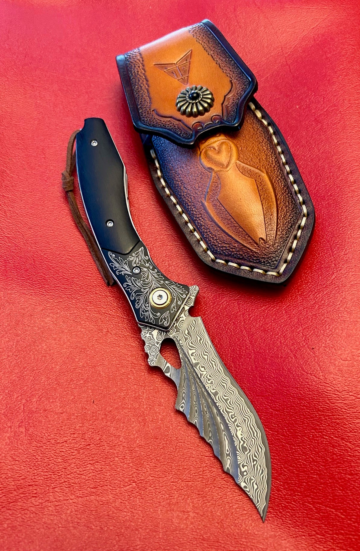 Damascus pocket folding blade ebony wood
