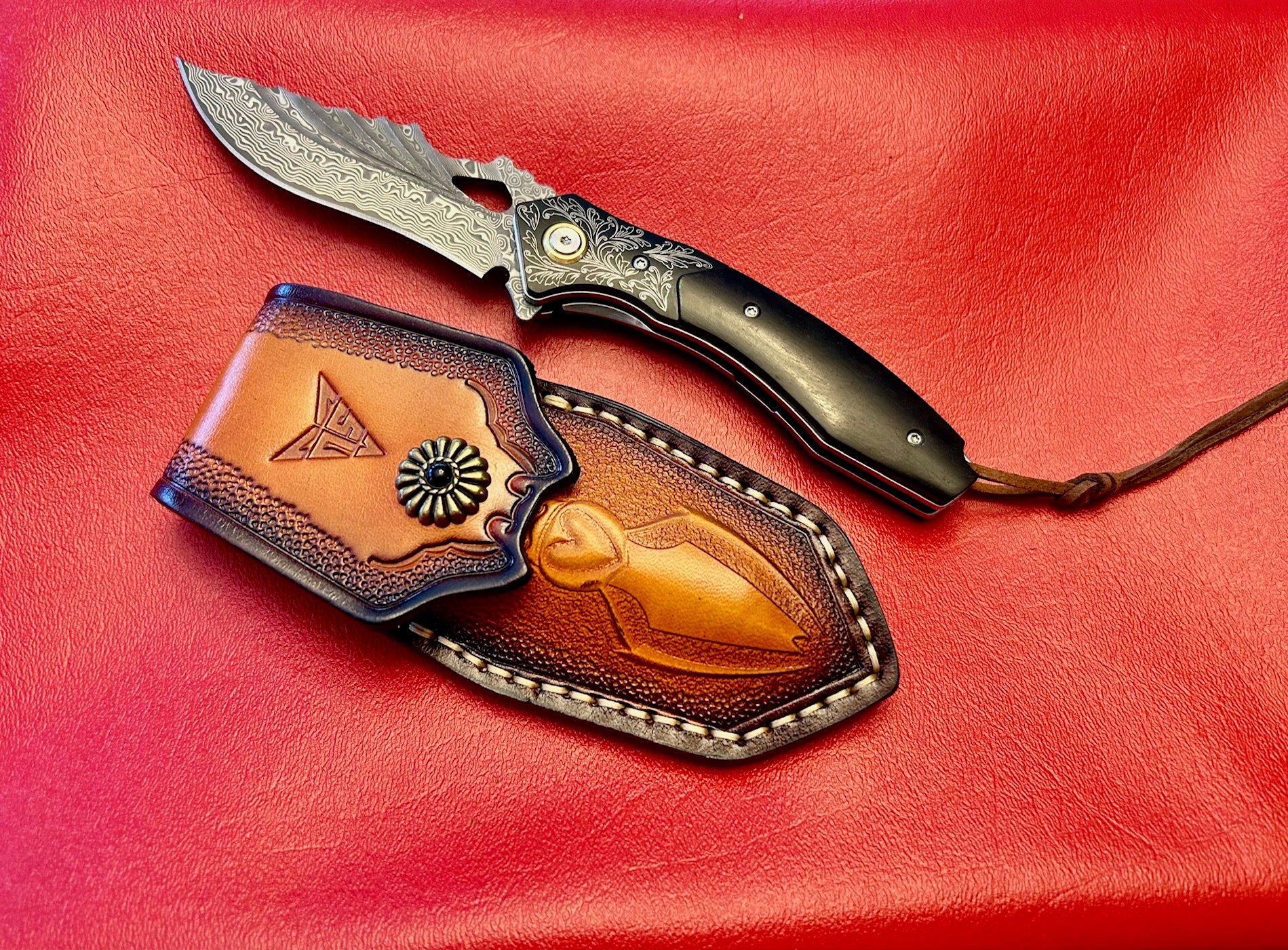 Damascus pocket folding blade ebony wood