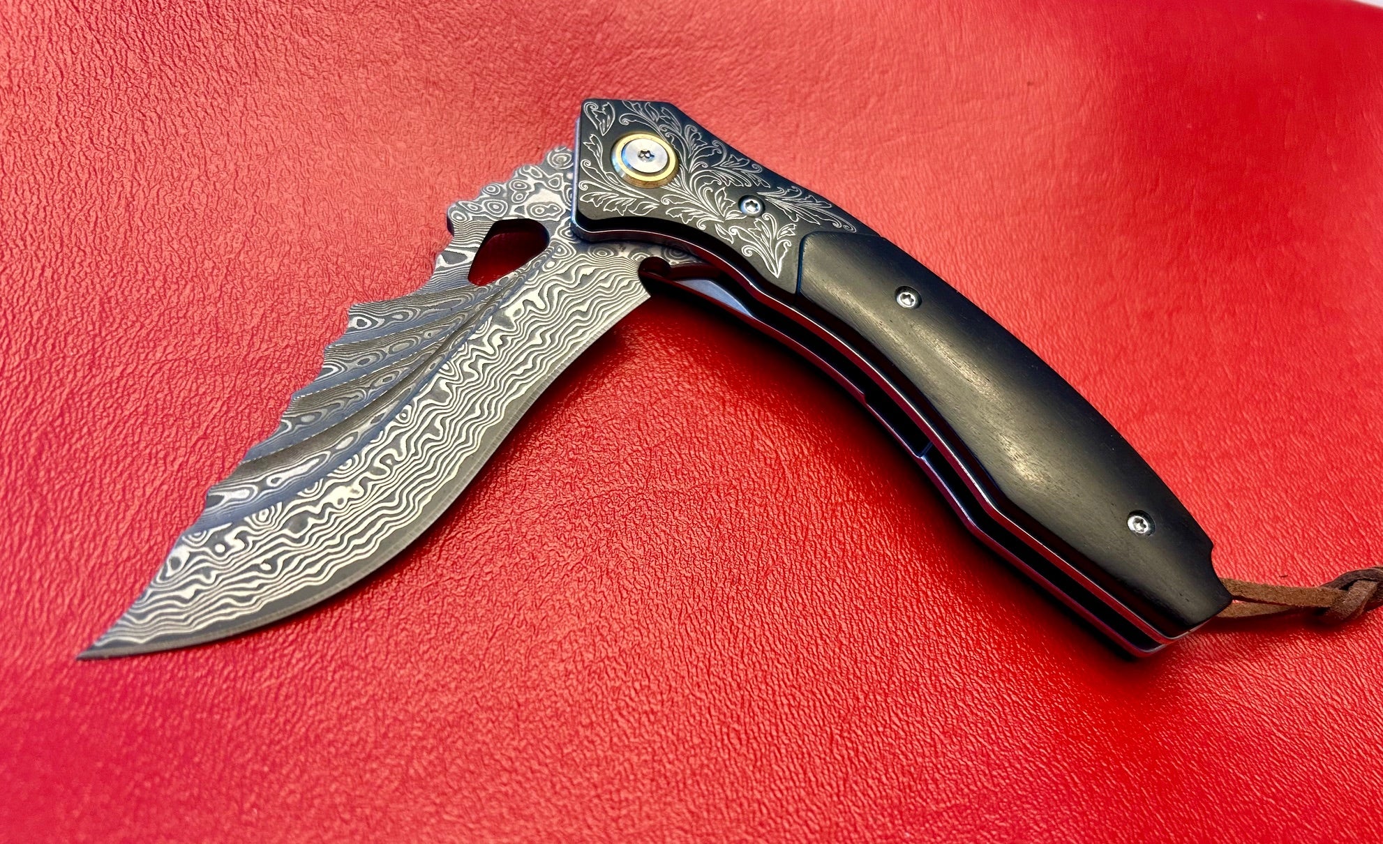 Damascus pocket folding blade ebony wood