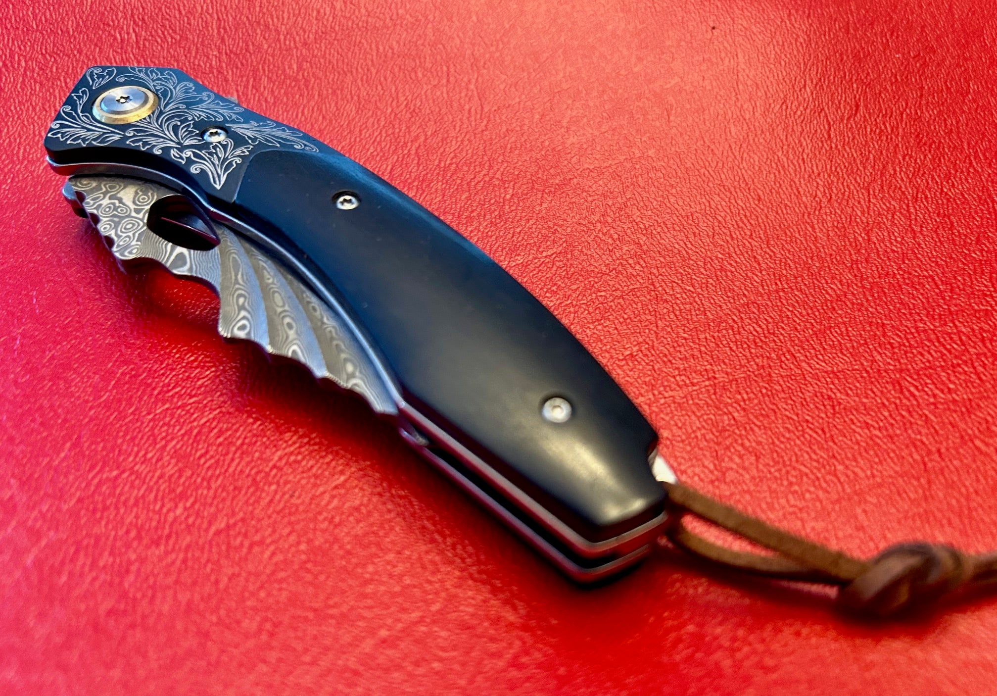 Damascus pocket folding blade ebony wood