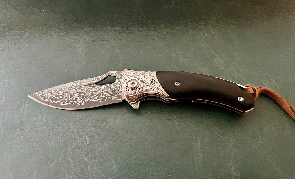 Damascus pocket folding blade ebony handle w/clip