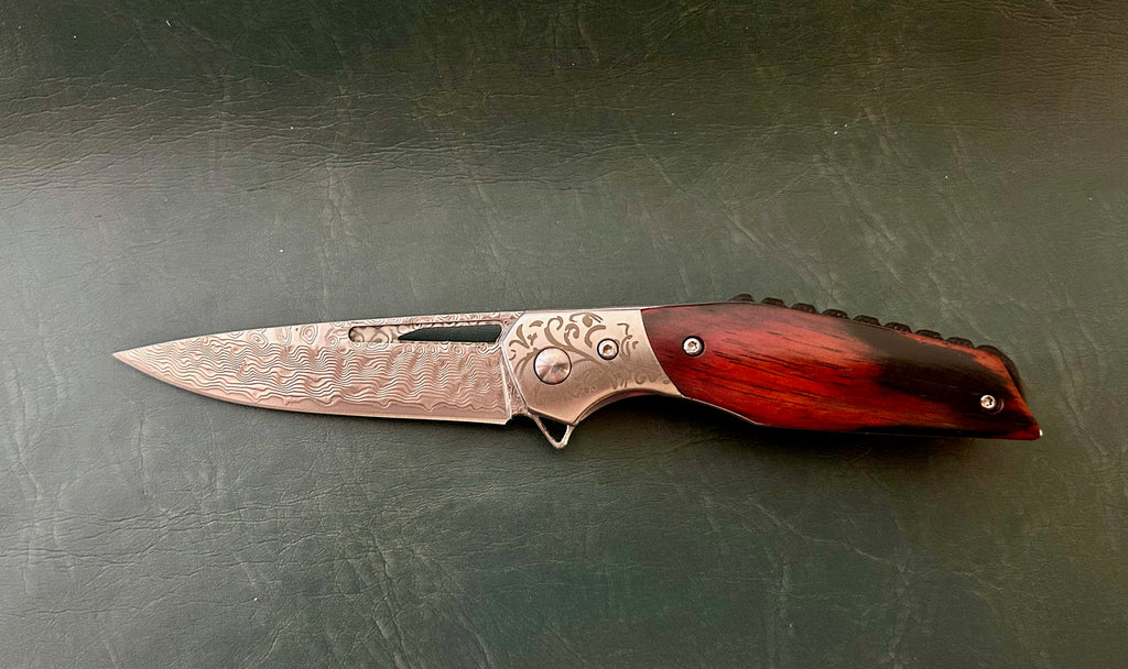 Damascus pocket folding knife with rosewood handle