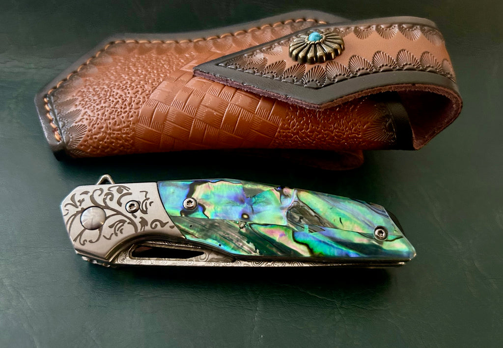 Damascus ,Pocket folding blade abalone handle