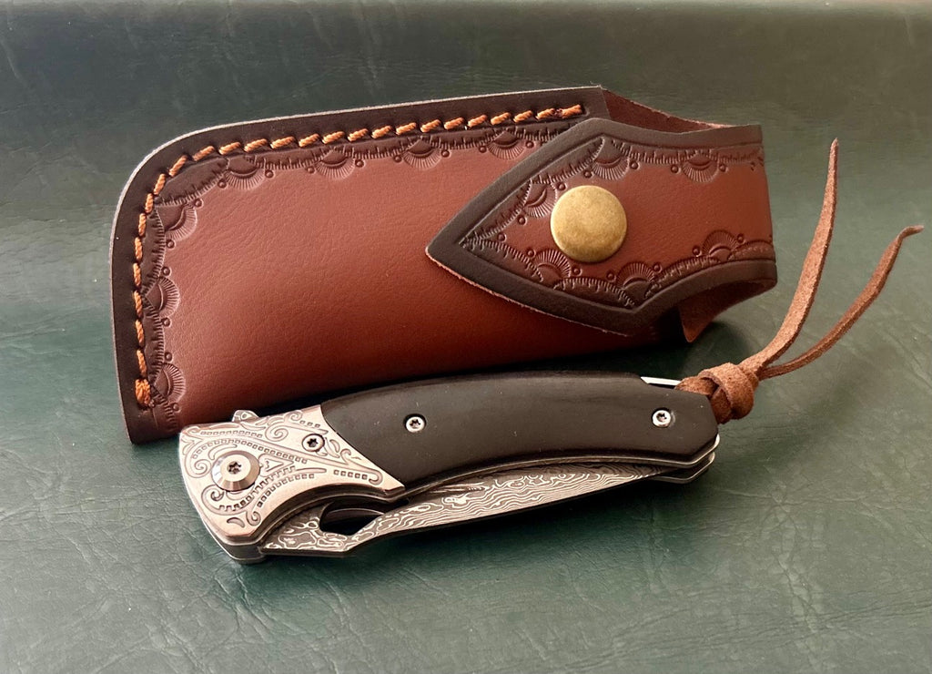Damascus pocket folding blade ebony handle w/clip