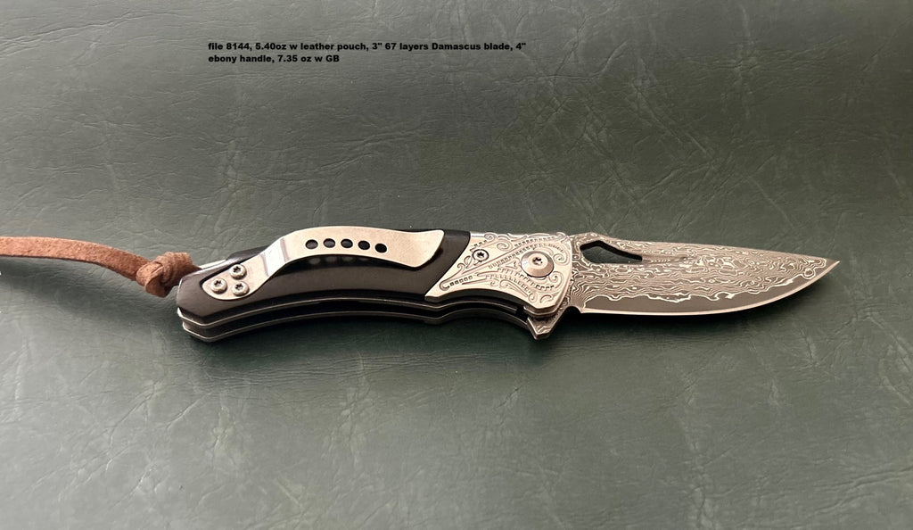 Damascus pocket folding blade ebony handle w/clip