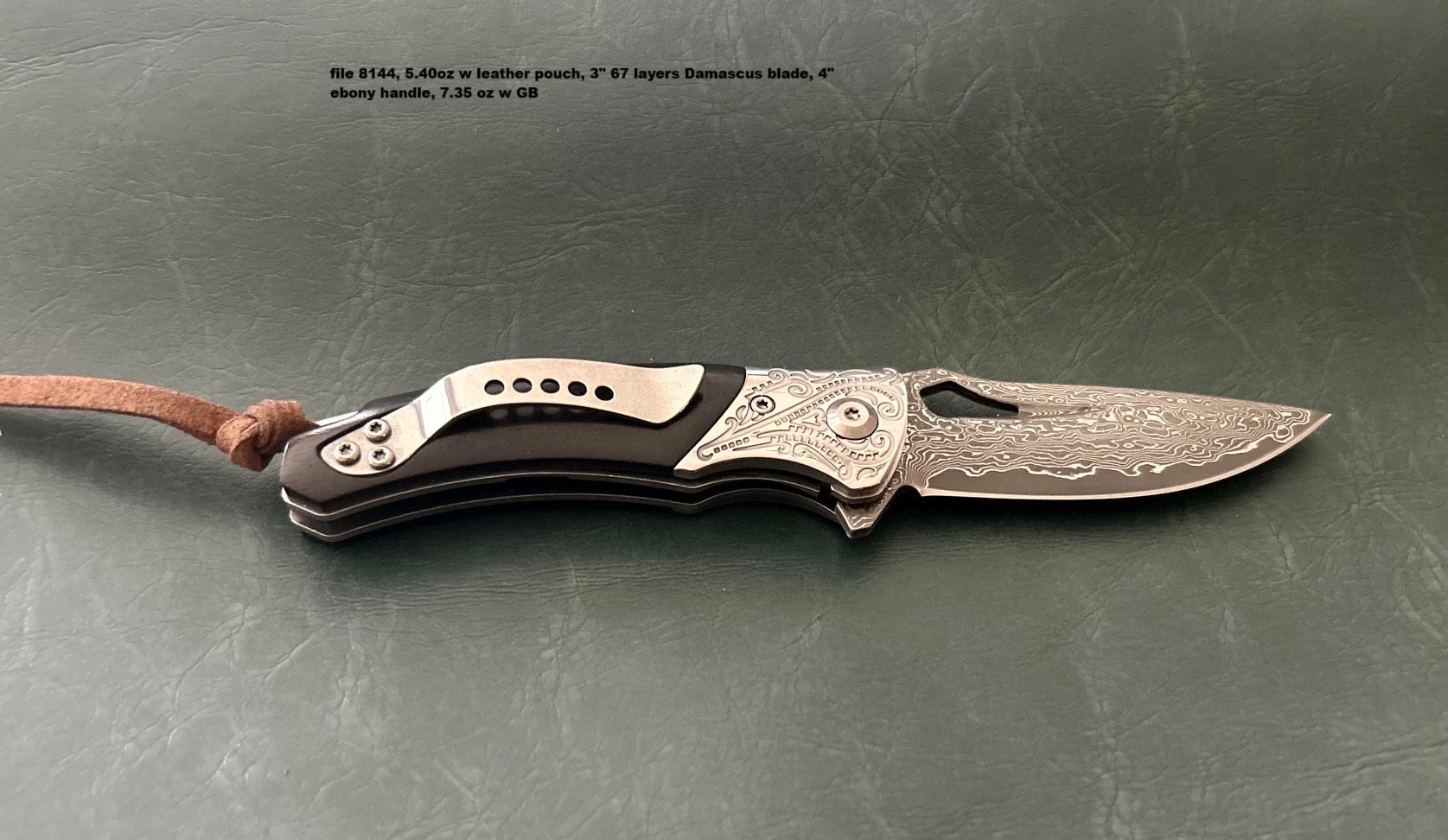 Damascus pocket folding blade ebony handle w/clip