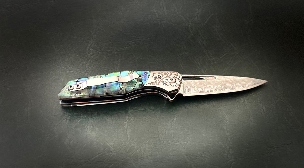 Damascus ,Pocket folding blade abalone handle