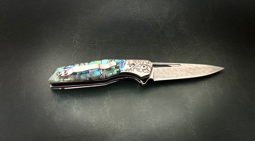 Damascus ,Pocket folding blade abalone handle