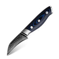 Damascus 3" bird beak 67 layers curved blade G10 blue composite handle