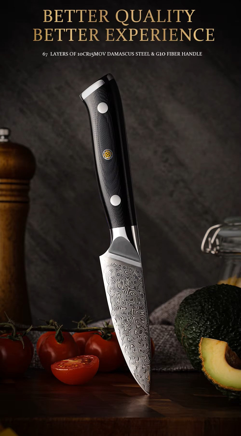Damascus 3.5" Parer knife 67 layers G10 black composite full tang